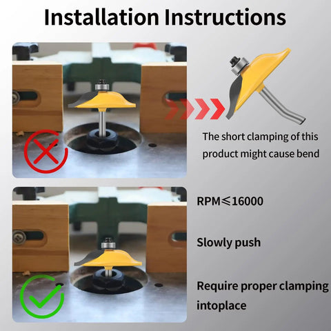 Installation instructions for Pro Grade Raised Panel Router Bit Set Three Piece One Quarter Inch Shank Tongue And Groove Cabinet Door Router Bits For Woodworking Pros And DIYers Perfect For Door And Window Joinery Tenon Cutter Diameter One And Five Eighths Inch showing proper clamping method.
