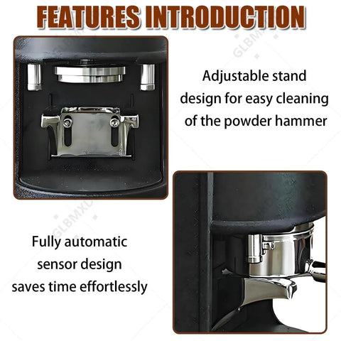 Close-up of No Sweat Electric Coffee Tamper 58mm Smooth Auto 1 To 3 Cycles With Adjustable 5 To 30 Kg Pressure built tough sensor design.
