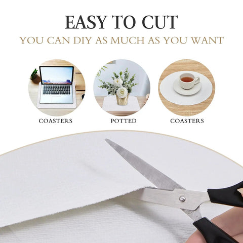 Premium White Non Adhesive Shelf And Drawer Liner For Kitchen Cabinets Pvc Based Non Slip Organizer Roll being cut to size with scissors.