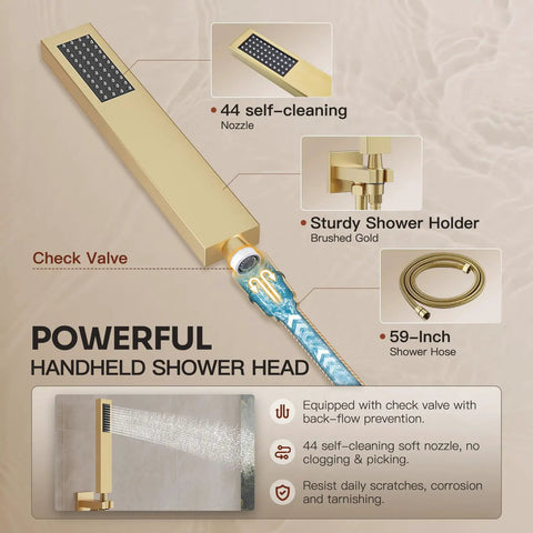 Legit Top Shelf Gold Shower System With Heavy Duty All Metal Dual Rainfall Ceiling And Wall Mount Handheld Sprayer Featuring Quick Push Button Diverter Valve close-up of 44 self-cleaning nozzle in brushed gold.