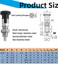 Heavy Duty M8 Stainless Steel Self Locking Spring Plunger With Rustproof Pin; dimensions and materials chart displayed.