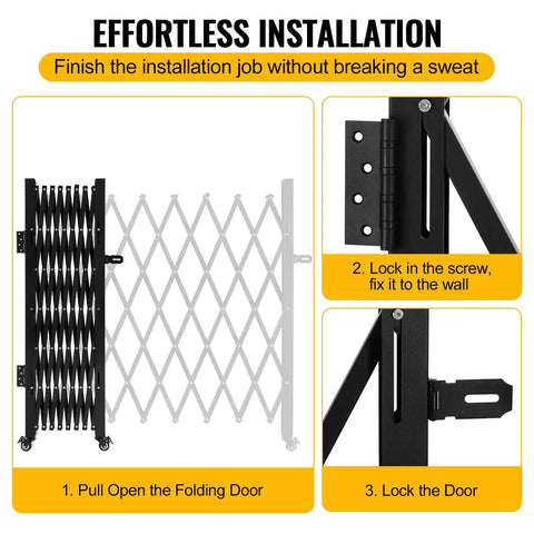 Installation steps of Heavy Duty Single Folding Security Gate With Smooth Roll Casters showcasing lock and hinge mechanisms.