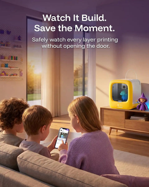 Kids using a smartphone to monitor the Dope AI Powered 3D Printer Designed Specifically For Kids Featuring Fully Assembled Parts Hella Safe Enclosed Operation And Rad Stem Gifts For Creative Young Inventors Building Their Dreams.