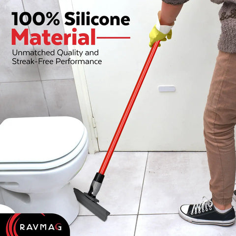 Person using Long Reach Silicone Squeegee With 55-Inch Handle And 12-Inch Silicone Blade, 360 Degree Swivel, And Adjustable Knuckle Joint For Garage Floors, Concrete, Showers And Glass Windows, Multipurpose Cleaning Tool on bathroom floor