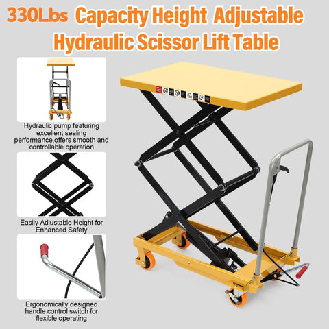 Hella Sturdy Hydraulic Scissor Lift Table With 330 Lb Capacity And Adjustable Height Work Platform Built Tough Q235 Steel Construction Locking Casters For Industrial Shop Material Handling, showcasing hydraulic mechanism and yellow top.