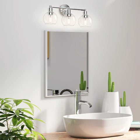 Three Light Chrome Vanity Light Fixture For Bathroom Over Mirror, Industrial Farmhouse Globe Wall Sconce in polished chrome