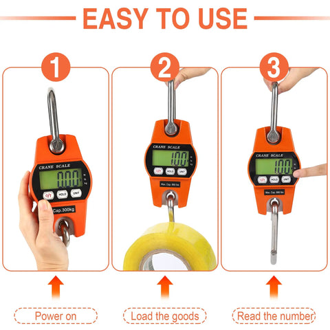 Heavy Duty 660Lb Digital Crane Scale Rock Solid Handheld Hanging Weight Meter showing use to power on, load goods, and read weight.