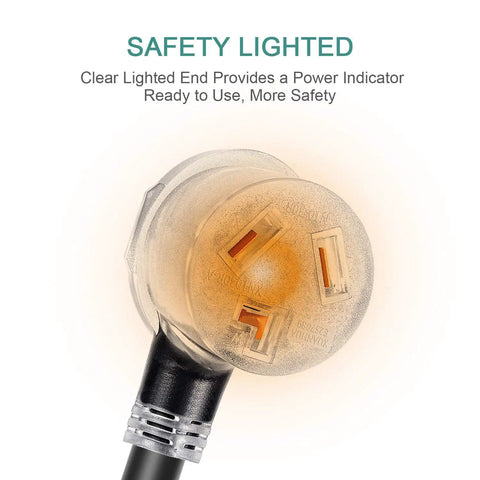 Close-up of Heavy Duty 3 Prong Dryer Extension Cord 30 Amp NEMA 10-30P To 10-30R With Lighted End, showing illuminated plug feature.