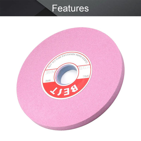 Heavy Duty Seven Inch Bench Grinding Wheel 100 Grit Chrome Corundum Pro Grade Metal Shaping Accessory view showing pink abrasive surface.