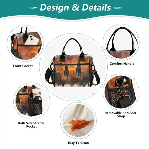 Insulated Lunch Bag For Women With Adjustable Shoulder Strap and pockets, featuring design and details of a reusable tote for work or camping.