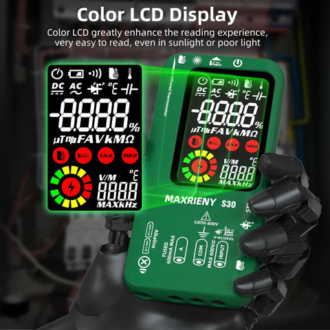 Digital Multimeter With Infrared Thermometer And Rechargeable Battery, 9999 Counts with color LCD display in use