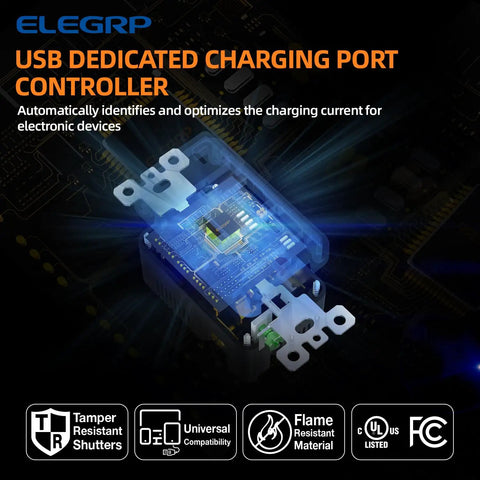 Illustration of in-wall USB charger outlet with controller details, showcasing tamper resistant design and optimization features.