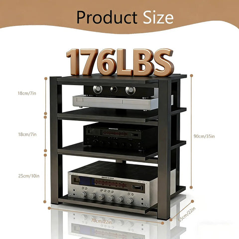 Heavy Duty Audio Component Rack With Smooth Locking Wheels Four Tier Black AV Media Stand showcasing dimensions and weight capacity.