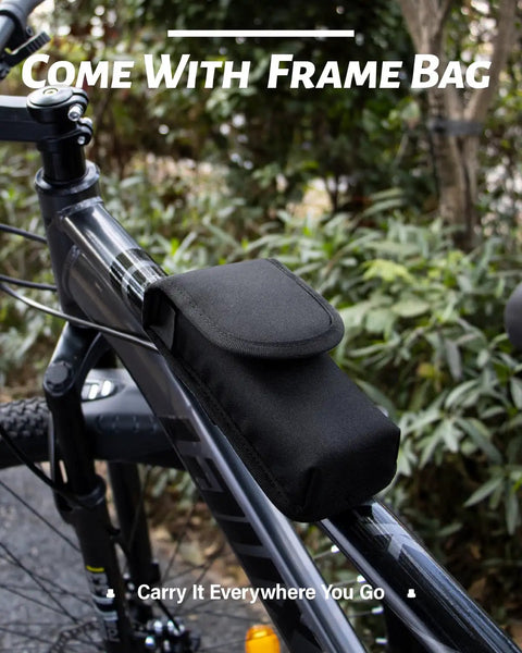 Must Have Portable Bike Pump With Digital Gauge Inflates To 150 Psi shown with frame bag on bike