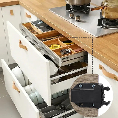 Four Pack Slick Push To Open Cabinet Latches Smooth Tap No Fuss Touch Catch Lock Self Securing Heavy Duty Drawer Hardware For Kitchen Cupboards And Wardrobes in modern kitchen drawer.