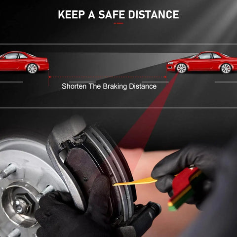 Demonstration of Ceramic Rear Brake Pads Set Fits Chrysler Town And Country Dodge Grand Caravan Journey Ford Freestar Mercury Monterey Ram CV Volkswagen Routan Quiet Low Dust Smooth Braking Replacement For 2004 2012 Vehicles with shortened braking distance graphic
