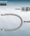 Built Tough 3/8 NPT Male Stainless Steel Compressor Jumper Hose, 20 Ft Long, 450 PSI, visible with measurements