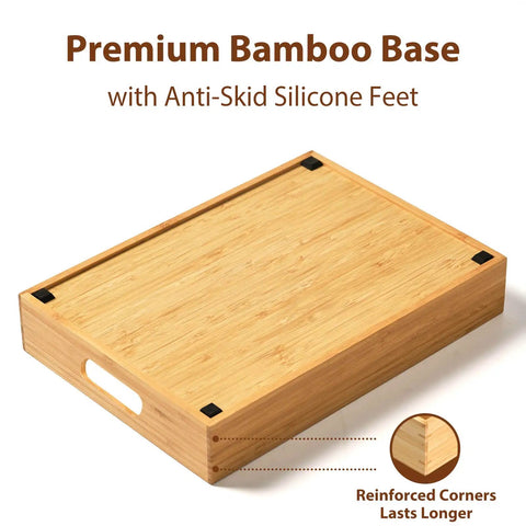 Bamboo Kitchen Lids Organizer With Adjustable Dividers For Food Storage Containers Up To 9.5 Inches, anti-skid silicone feet.