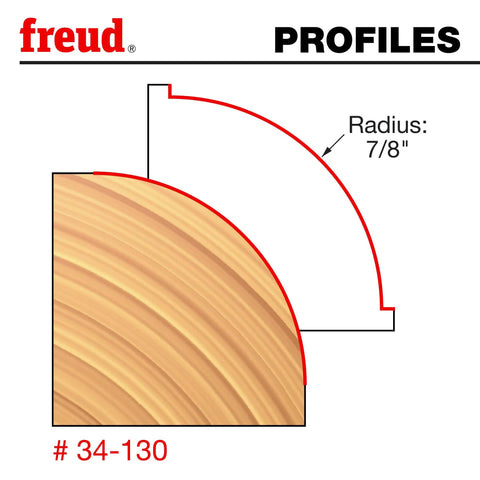 Diagram showing 7/8 inch radius profile of Seven Eighths Inch Radius Rounding Over Router Bit With Half Inch Shank Quadra-Cut Carbide.