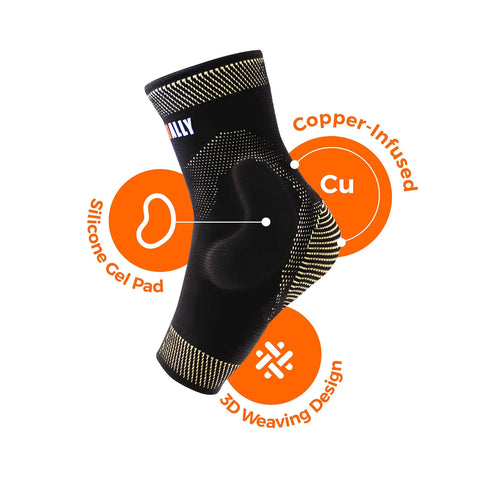 Copper Infused Ankle Support Sleeve With Gel Pads For Plantar Fasciitis And Sprained Ankles showing gel pad and copper weave