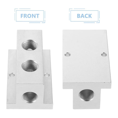 Front and back view of Solid Pro Grade Multi Port T Type Pneumatic Air Manifold Block With 2 Way 4 Hole Compact Design For Industrial Gas Distribution And Smooth Unobstructed Air Flow