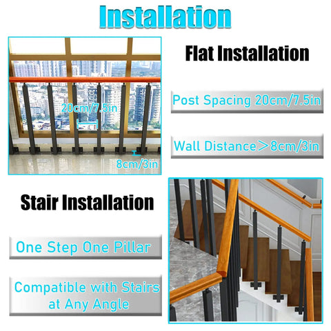 Heavy Duty Square Wrought Iron Railing Spindles With 90 Degree Curved Base For Deck Porch Safety Run Your Stairs Right No Hassle Side Mount Install Indoors Outdoors installation guide for flat and stair use.