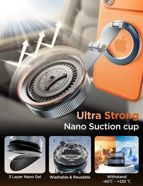 Magnetic Car Phone Holder With 360 Degree Adjustable Foldable Mount Nano Gel Base And Vacuum Lock Zinc Alloy Carbon Fiber MagSafe Compatible for iPhone 12 13 14 15 16 17 Pro Max with visible nano suction cup