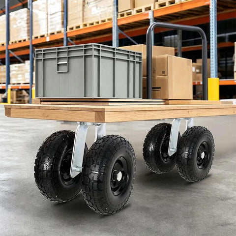 10 Inch Dual Wheel Swivel Caster With Flat Free Pu Foam Tires And 660 Lb Heavy Duty Plate Mount Casters For Cart Systems Wagons Shop Gear Built Dead Nuts Solid on a cart with gray crate and boxes.