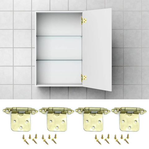 Open cabinet with four pack semi concealed kitchen cabinet hinges for flush mount doors with quiet soft close action, antique finish.