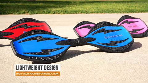 RipStik Ripster Caster Board For Narrow Stance Riders 9 Inch Blue With 360 Degree Trucks Concave Deck resting on pavement
