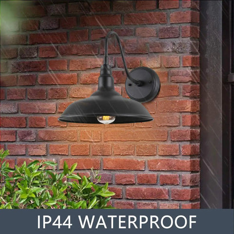 Black Gooseneck Barn Light With 10 Inch Dome Exterior Wall Mount Lamp For Farmhouse Garage Porch Patio Outdoor Sconce