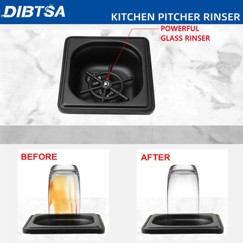 Pitcher Rinser With Base for Countertop, Matte Black Stainless Steel Glass Rinser Cup Washer, showing before and after use