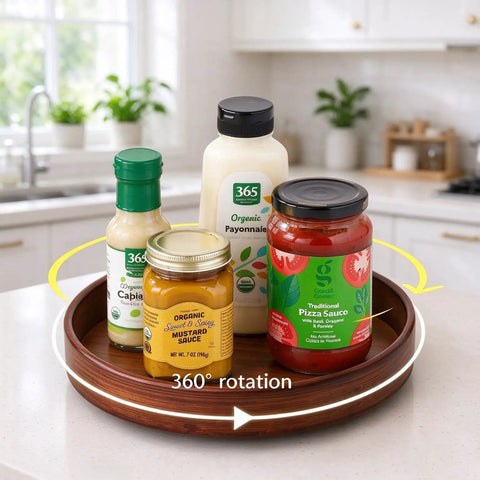 12 Inch Bamboo Lazy Susan Turntable For Kitchen Pantries Delivers Slick 360 Spin To Keep Condiments Grabbed Instantly with sauces.
