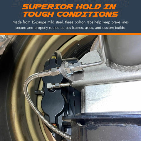 Close-up of Beefy Bolt On Brake Line Tabs Mounting Brackets for 5/8 Inch Line Fittings on vehicle axle in tough conditions