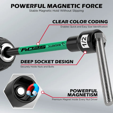 Extra Long Magnetic Nut Driver Set Dope Eleven Piece SAE One Quarter To Nine Sixteenth Inch Kit With Six Inch Nut Drivers PH Two Impact Bits Telescoping Magnetic Pickup Tool Magnetic Storage Rail One Quarter Inch Hex Shank S2 Steel For Automotive And