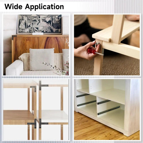 Complete Flat Corner Braces Set For DIY Furniture Repair Three Eighths Inch Right Angle Black Brackets in use on furniture