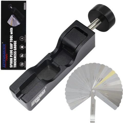 Universal Spark Plug Gap Tool With Feeler Gauge For 10Mm 12Mm 14Mm And 16Mm Small Plugs, Easy Grip And Precise Gap Measurement, displayed with its packaging and foldable gauges. Compatible With Most Spark Plugs For Diy Auto Maintenance.