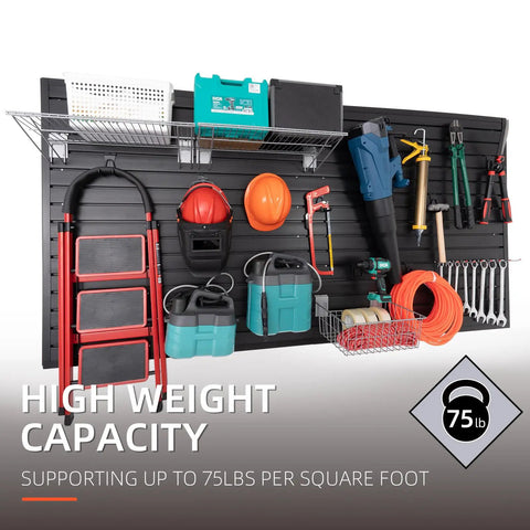 Heavy Duty Slat Wall Panels For Garage Tool Organization And Wall Mount Storage Systems With Slotted Racks Eight By Four Feet PVC Boards mounted with tools and storage bins.