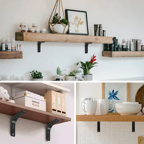 Built Like A Tank Heavy Duty L Brackets 2X2 Inch Black Powder Coated Steel Corner Supports Eight Pack used for shelving and displays.