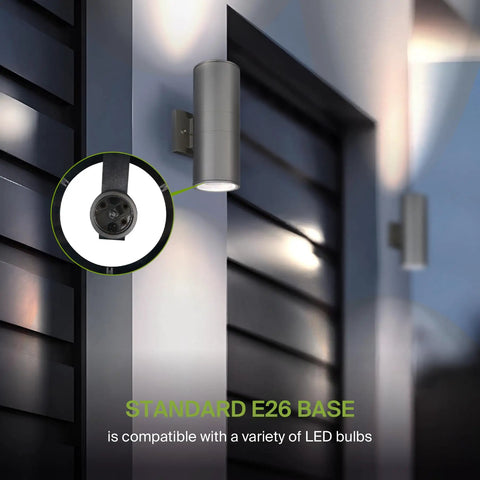 Two Light Outdoor Wall Light Fixtures Dope Dual Up Down Cylinder Sconce 120V E26 Sockets Weatherproof Steel Exterior