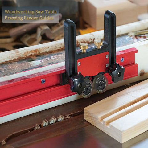 2Pcs Table Saw Feather Board With Dual Bearing Rollers And Adjustable Safety Push Block For Dead Nuts Secure Guide And Smooth As Silk Feed Tracking On Table Saws Or Router Tables, close-up of red and black guide.