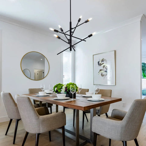 Dining room with Black Modern Sputnik Chandelier With Adjustable Arms 6 Light Dope Mid Century Ceiling Pendant For Dining Room Kitchen Island Bedroom Or Foyer Easy Install