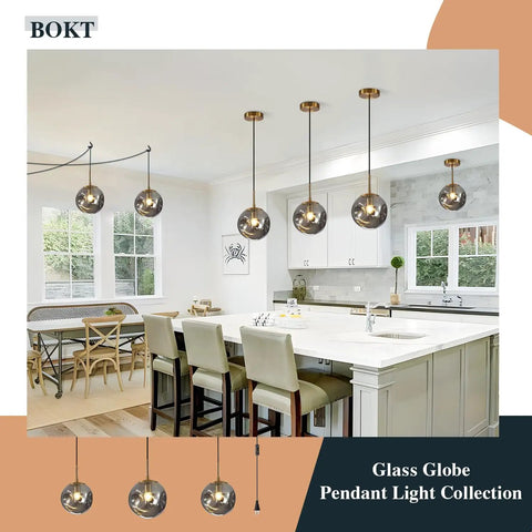 Brass Gold Globe Pendant Light Lit With Smoke Gray Glass Shade Mid Century Modern Ceiling Hanging Fixture One Light Large Pendant For Kitchen Island Dining Room Chandelier Contemporary Living Room Lighting