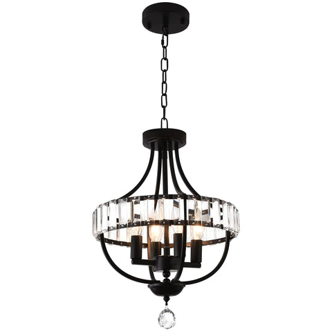 Crystal Farmhouse Chandelier In Black Rustic Finish Four Light Flush Mount Ceiling Light with glass accents and chain.