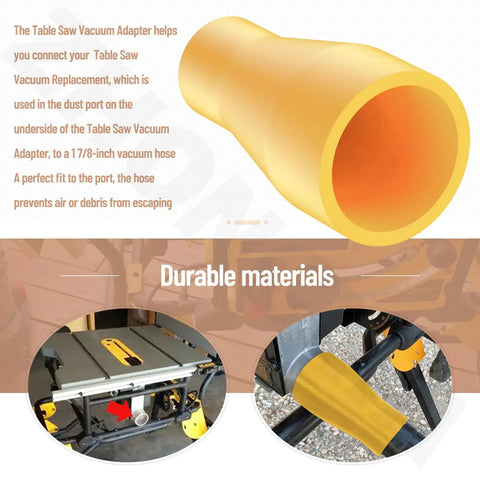 Table Saw Vacuum Adapter Connects Two And A Half Inch Table Saw Outlet To One And Seven Eighths Inch Shop Vac Hose Dust Collector Connector For Most Saws With Two And A Half Inch Outlets Yellow, showing durable yellow adapter.