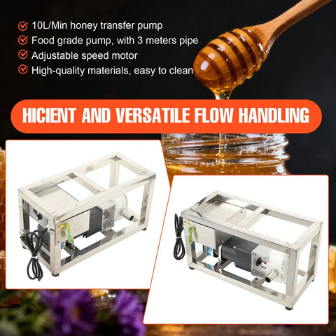 Premium 10L Min Honey Transfer Pump In Stainless Steel For Viscous Liquids Like Paste And Peanut Butter, showing motor and structure.