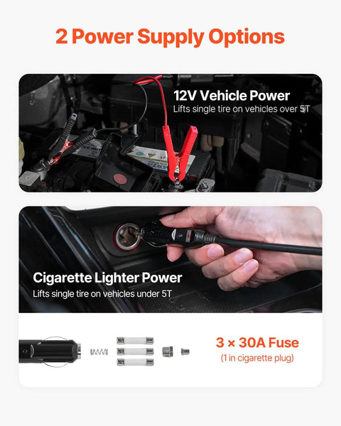 Electric Car Jack 5 Ton With Built In Inflator All In One 12V Tire Change Kit power supply options: 12V vehicle and cigarette lighter.