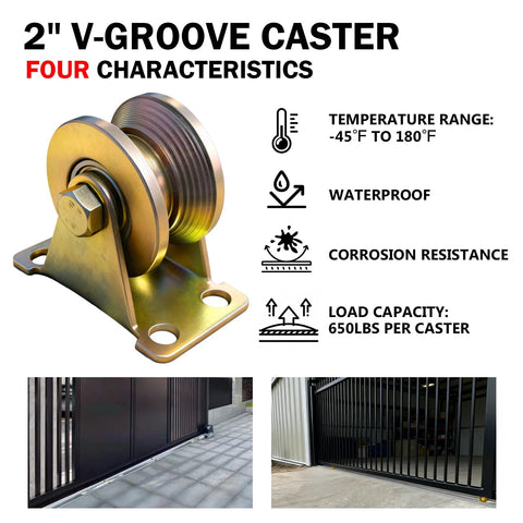 heavy duty v groove gate casters with 650lb load capacity, waterproof and corrosion resistant for sliding gates and industrial use.