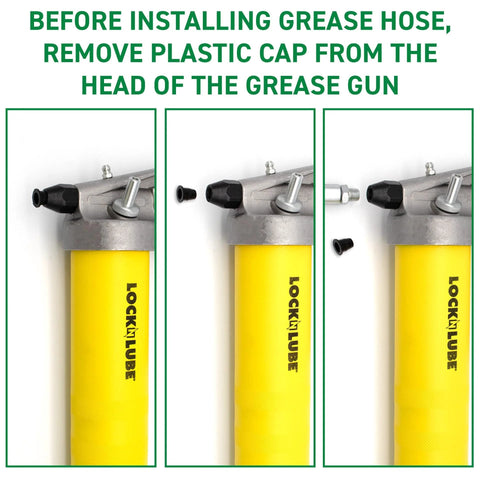 LockNLube grease gun with yellow barrel; three-panel sequence showing cap removal from the head.