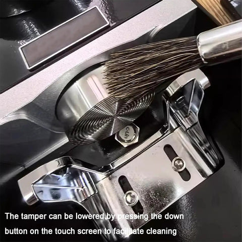 Electric Automatic Coffee Tamper For Espresso Machines Adjustable 5 To 30 Kg Pressure With Slick Touchscreen Fits 58Mm Portafilters showing touchscreen controls and cleaning brush.